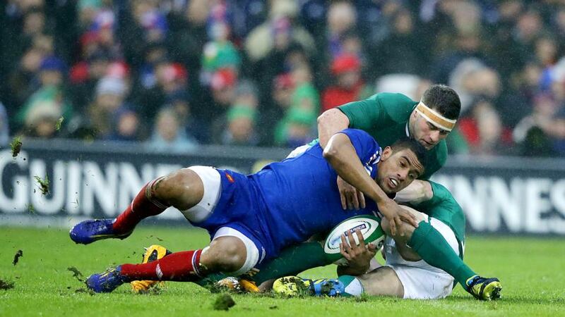 Brian O’Driscoll and Fergus McFadden with Wesley Fofana of France last March. Photograph: Morgan Treacy/ Inpho