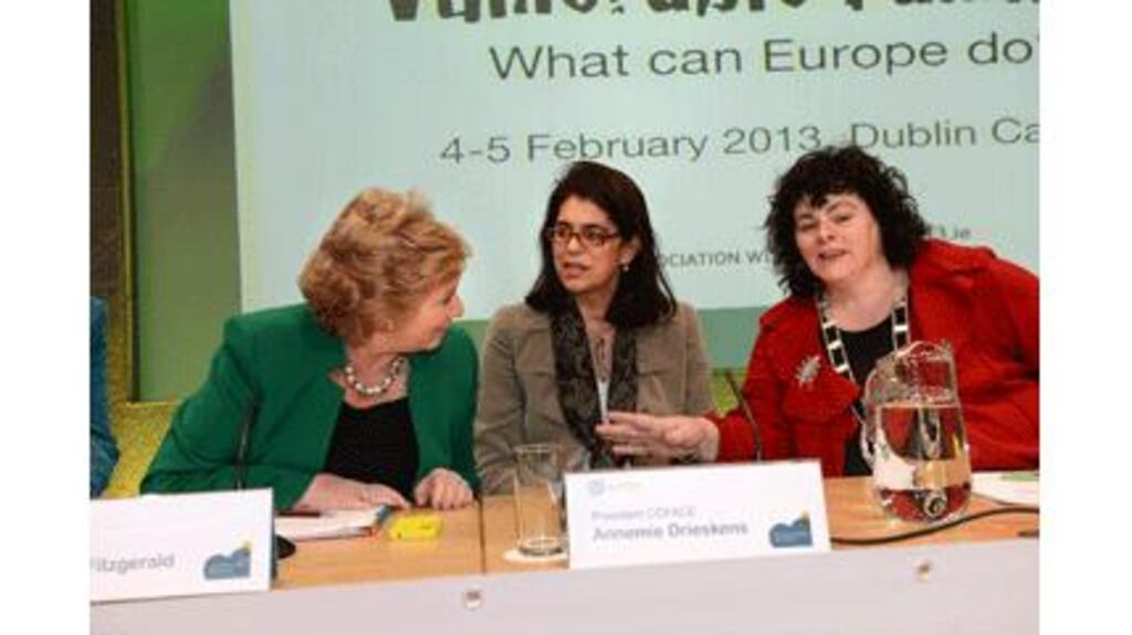Minister for Children and Youth Affairs Frances Fitzgerald (left) attending the High level conference on Vulnerable Families, in Dublin Castle today. Photograph: Dara Mac Donaill/The Irish Times