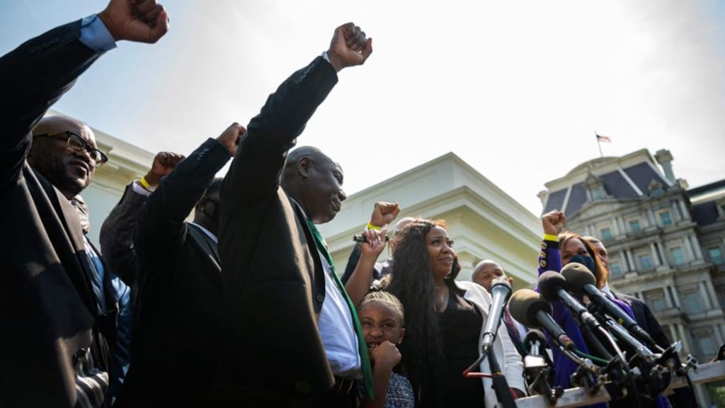 George Floyd’s family lawyer Ben Crump (third from left) holds up his fist with family members outside the White House as George Floyd’s daughter Gianna Floyd (centre) calls out ‘Say His Name’ as they speak with reporters after meeting with US president Joe Biden in Washington, DC, on May 25th. Photograph: Jim Watson/AFP via Getty