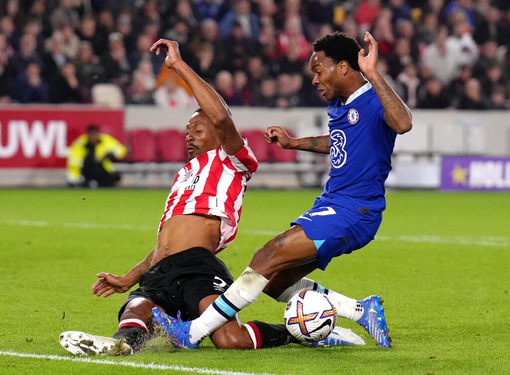 Brentford's Ethan Pinnock blocks a shot from Chelsea's Raheem Sterling during the Premier League match at the Gtech Community Stadium, London. Photograph: John Walton/PA Wire
