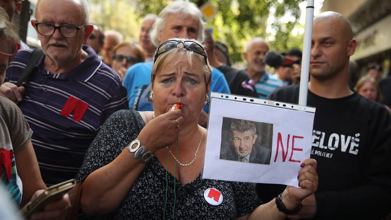 People protest outside the studios of Czech Radio against Czech prime minister Andrej Babis, venting their anger over his service as an informant for the communist-era Czechoslovak secret police (StB) in the early 1980s. Photograph: Sean Gallup/Getty Images