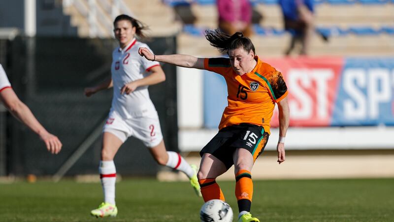 Ireland’s Lucy Quinn scores her side’s first goal against Poland in La Manga, Spain on Wednesday. Photograph: Martin Seras Lima/Inpho