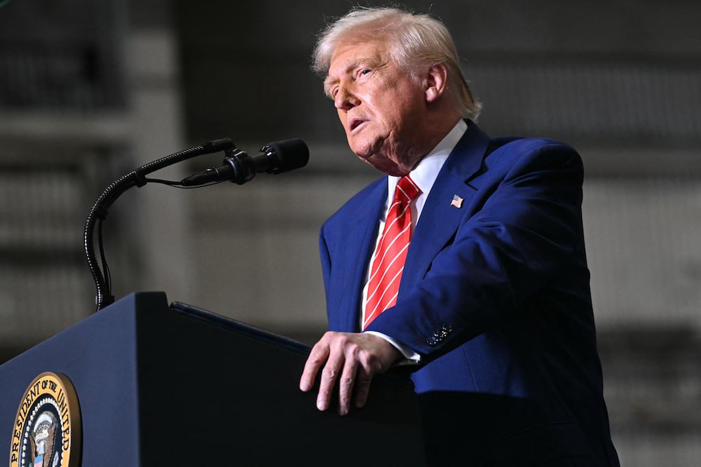 US president Donald Trump at a rally at the US Steel plant in Pennsylvania, where he unveiled the new tariffs. Photograph: Saul Loeb/Getty Images