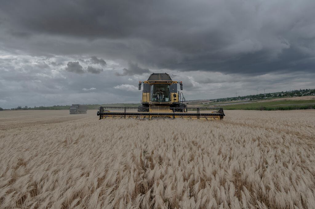 Farming machinery in a barley field in the Mykolaiv region, Ukraine, last month. Badly needed grain has been piling up in Ukrainian ports since Moscow invaded. Photograph: Laetitia Vancon/The New York Times