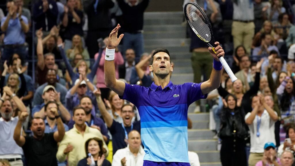 Novak Djokovic reacts after beating Alexander Zverev in the US Open semi-finals. Photo: Elise Amendola/EPA