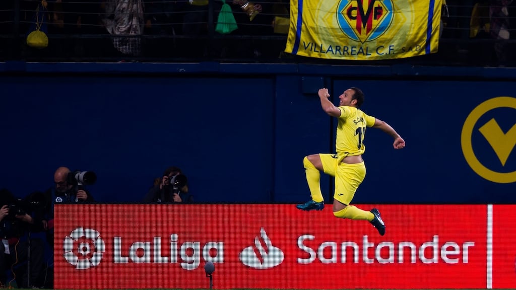 Santi Cazorla celebrates scoring Villarreal’s opening goal during the La Liga match against Real Madrid at Estadio de la Ceramica. Photograph: Alex Caparros/Getty Images