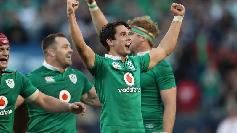 Ireland’s Joey Carbery celebrates the victory over New Zealand at Soldier Field in Chicago in November 2016. Photograph: Billy Stickland/Inpho