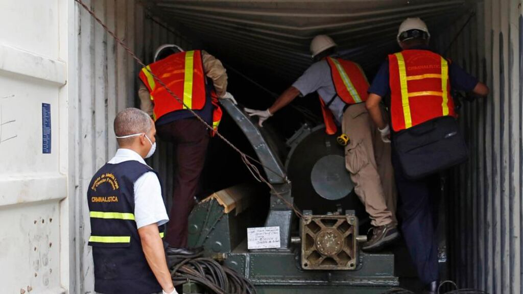 UN secretary general Ban Ki-moon praised Panama yesterday for seizing a North Korean ship carrying arms from Cuba, adding that the UN sanctions committee would take up the issue promptly. Cuba said the weapons were being sent back to North Korea for repair and included two anti-aircraft missile batteries, nine disassembled rockets, two MiG-21 fighter jets, and 15 MiG-21 engines, all Soviet-era military weaponry built in the middle of the last century. Photograph: Carlos Jasso/Reuters