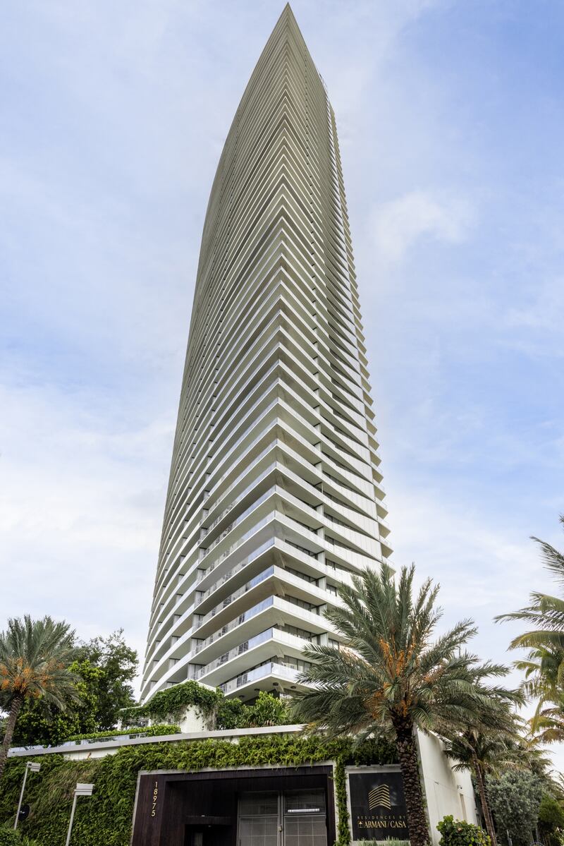 The Residences by Armani Casa, for which Giorgio Armani himself designed the tapestries and textiles, and hand-selected the furnishings, in Sunny Isles Beach, Florida. The market for branded luxury condos is growing, and now includes fashion houses and luxury carmakers, especially in Miami. Photograph: Scott Baker/The New York Times