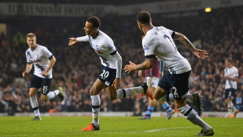 Tottenham Hotspur’s English midfielder Dele Alli celebrates with Kyle Walker after scoring against Aston Villa at White Hart Lane. Photograph: Getty Images