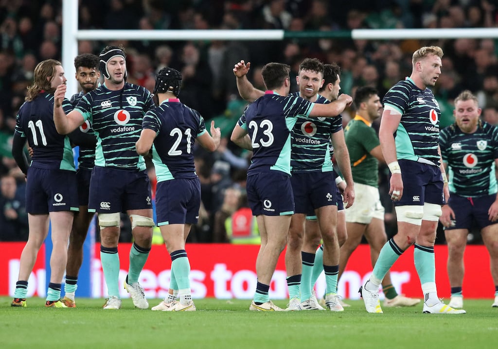 The Irish players celebrate their win over South Africa in November, they meet again in the World Cup on Saturday. Photograph: Getty Images