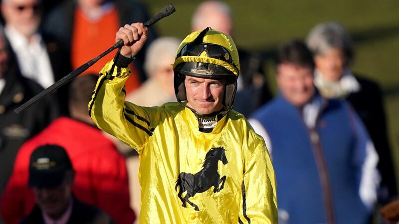 Patrick Mullins celebrates winning the St James’s Place Festival Challenge Cup Open Hunters’ Chase on Billaway during day four of the Cheltenham Festival. Photograph: Tim Goode/PA Wire