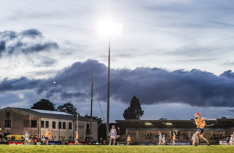 Na Fianna's Colm Currie hits a free during the Dublin SHC final against Ballyboden St Enda's. Photograph: Tom Maher/Inpho