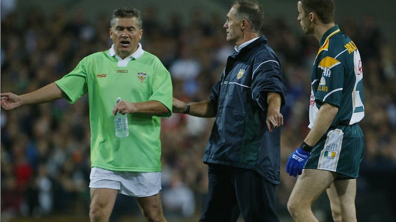Former Kerry star Ger Power  with Ireland manager John O’Keeffe and Paul McGrane. Power  a was a maor foirne for the International Rules Series but ended up pulling a hamstring at Croke Park due to the taxing nature of his role. Photograph: Morgan Treacy/Inpho