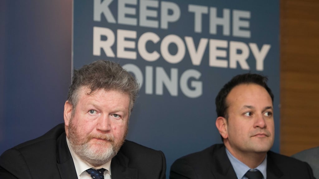 Minister for Children James Reilly (left) and Minister for Health Leo Varadkar during an address to Fine Gael candidates and supporters by Taoiseach Enda Kenny TD at the Alexander Hotel, Dublin, on Wednesday. Photograph: Gareth Chaney/Collins