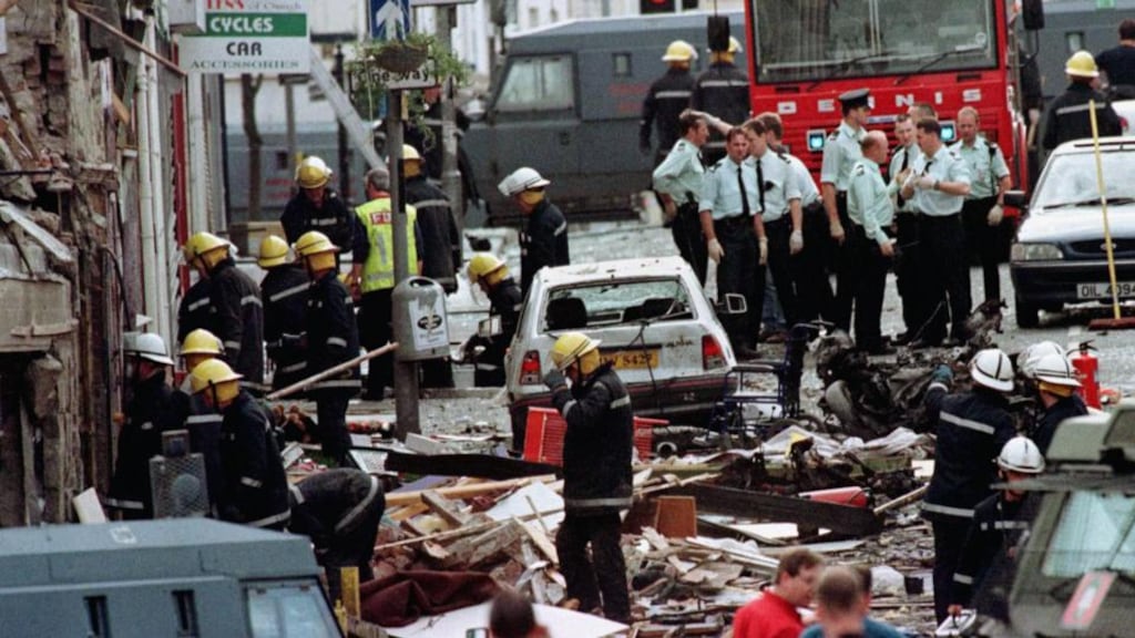 A file photo dated August 15th, 1998, of the damage caused by the bomb explosion in Market Street, Omagh. Photograph: Paul McErlane/PA