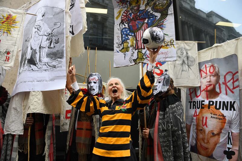 Vivienne Westwood outside the Old Bailey, London, with other protesters ahead of a court hearing amid Wikileaks founder Julian Assange's ongoing legal battle against extradition to the US. Photograph: Stefan Rousseau/PA Wire