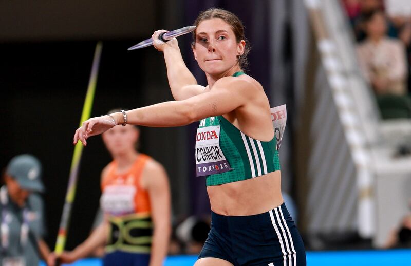 Ireland’s Kate O’Connor during the heptathlon javelin event In Tokyo. Photograph: Morgan Treacy/Inpho
