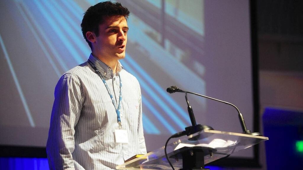 Brendan O’Driscoll, co-founder of Soundwave, pitches at SXSW in Austin, Texas