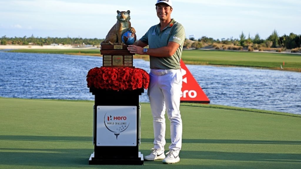 Viktor Hovland celebrates his win in the Bahamas. Photograph: Mike Ehrmann/Getty Images