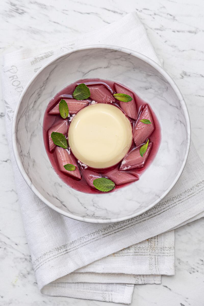 Poached rhubarb and white chocolate mousse. Photograph: Harry Weir