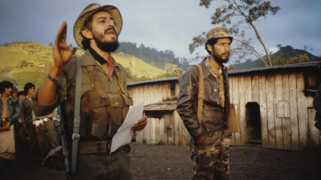 Sandinistas address workers on a state coffee plantation in 1986. Photograph: Scott Wallace/Getty Images