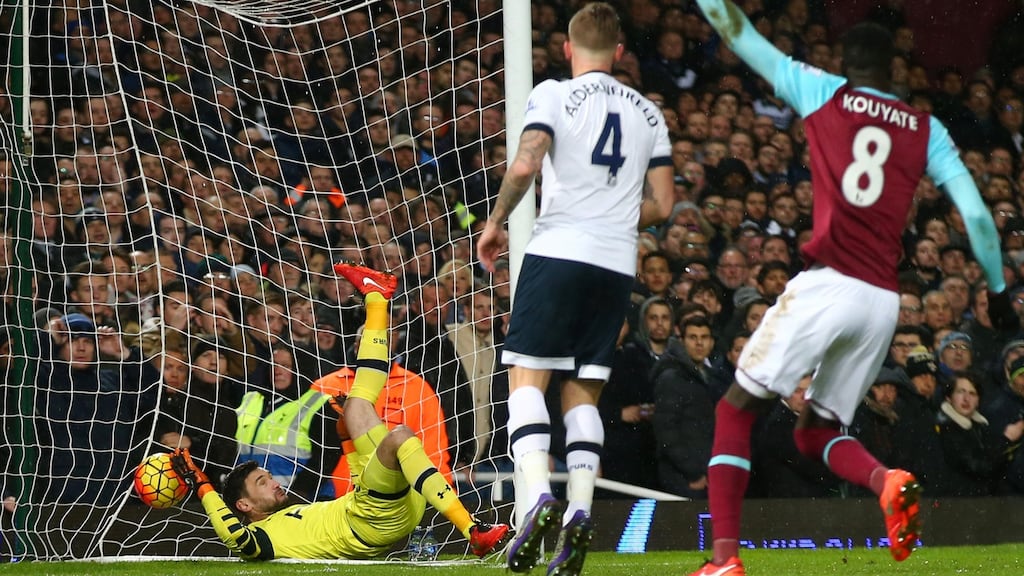 Tottenham Hotspur goalkeeper Hugo Lloris is beaten by a header from West Ham’s Michail Antonio during the Premier League game at Upston Park. Photograph: Clive Rose/Getty Images