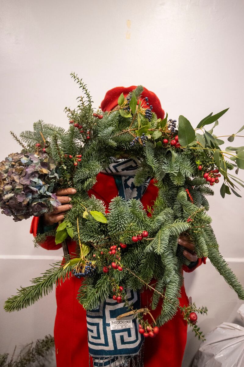 A wreath featuring mistletoe and hydrangea. Photograph: Tom Honan