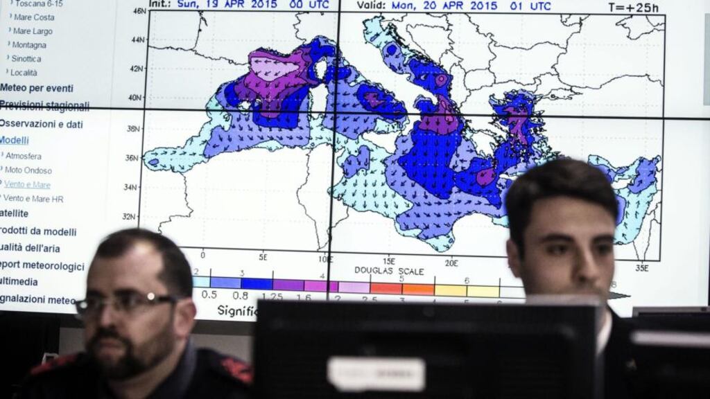 Staff in the operations room of the Italian Coast Guard in Rome during the co-ordination of relief efforts after a ship carrying hundreds of migrants capsizes off Libyan coast occurred in the Strait of Sicily. Photograph: Angelo Carconi/EPA