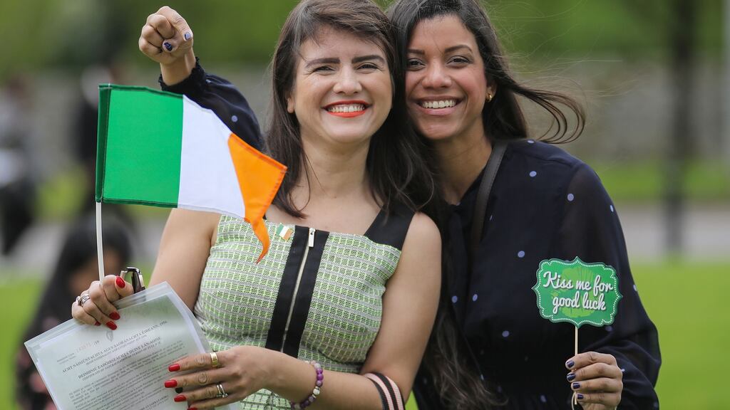 Lucimeire Da Silva, left, and Caroline Alves Costa, orginally from Brazil, receive their Irish citizenship. Photograph: Valerie O’Sullivan