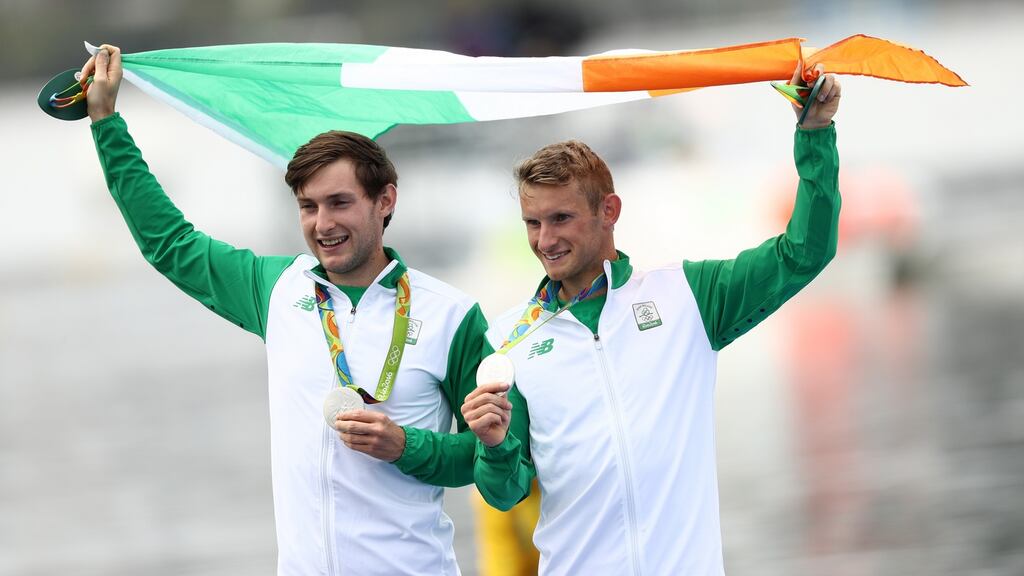 Paul O’Donovan with his brother Gary celebrate after the medal ceremony in Rio. Photograph: Patrick Smith/Getty Images