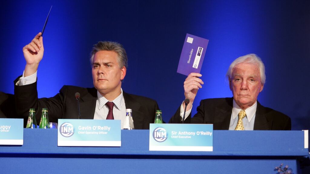 Sir Anthony O’Reilly (right) with his son Gavin O’Reilly, pictured in 2008. Photograph: Alan Betson.