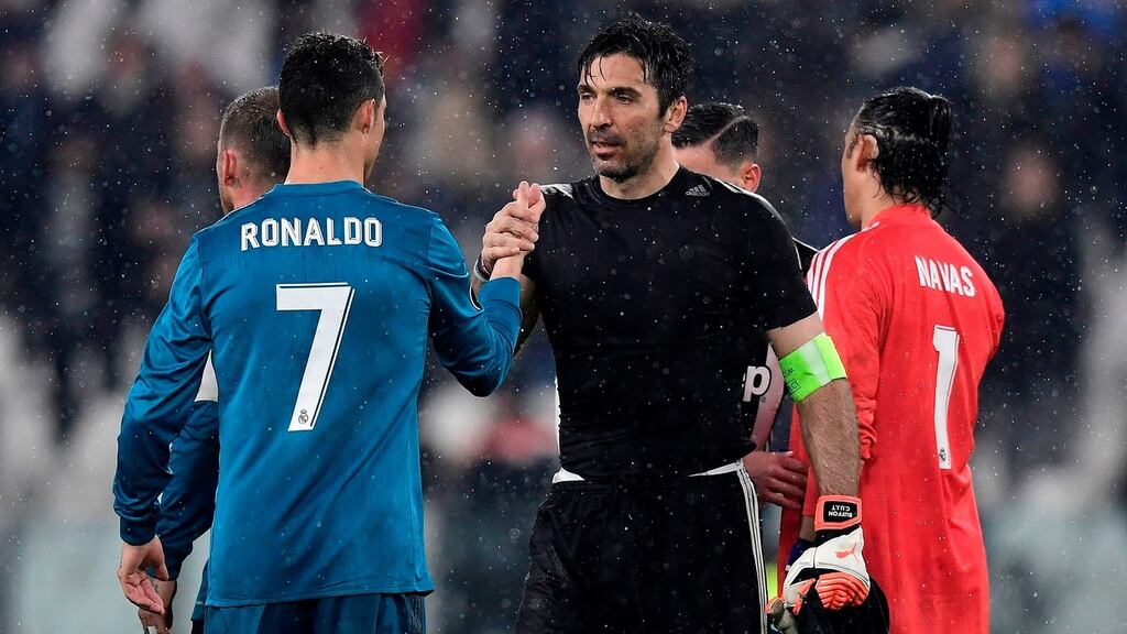 Juventus’ Gianluigi Buffon congratulates Real Madrid’s Cristiano Ronaldo at the end of the UEFA Champions League quarter-final first leg football match in Turin in April. Photograph: AFP