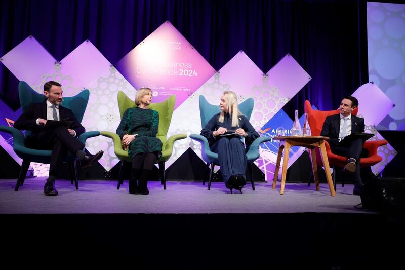 Paul Sweetman, chief executive, AmCham Ireland; Liz Cunningham, AmCham 2024 vice-president and vice-president of international tax, Google; Elaine Murphy, 2024 AmCham president and site lead and vice-president at Signify Health Ireland and Colm O’Callaghan, director of public affairs and advocacy, AmCham. Photograph: Conor McCabe