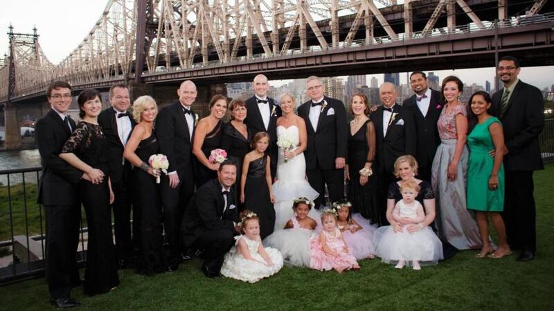 The bridal party at Dave and Caitlin Power’s wedding, which took place in Manhattan last September. Photograph: dkcollection.com
