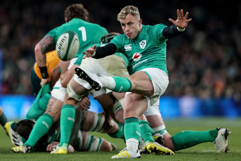 Ireland vs Australia: Ireland's Craig Casey takes a box kick . Photograph: Ben Brady/Inpho
