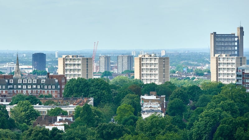 The burned out Grenfell Tower (L) in North Kensington is pictured from a tower block on the Chalcots Estate in north London.Photograph: Niklas Halle’N/AFP/Getty Images