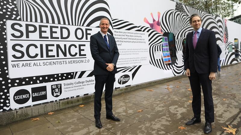 Left to right: Paul Reid, managing director of Pfizer Healthcare Ireland and, Minister for Further & Higher Education, Research, Innovation & Science, Simon Harris at the recent launch of Speed of Science at the Science Gallery, Pearse Street, Dublin2020.