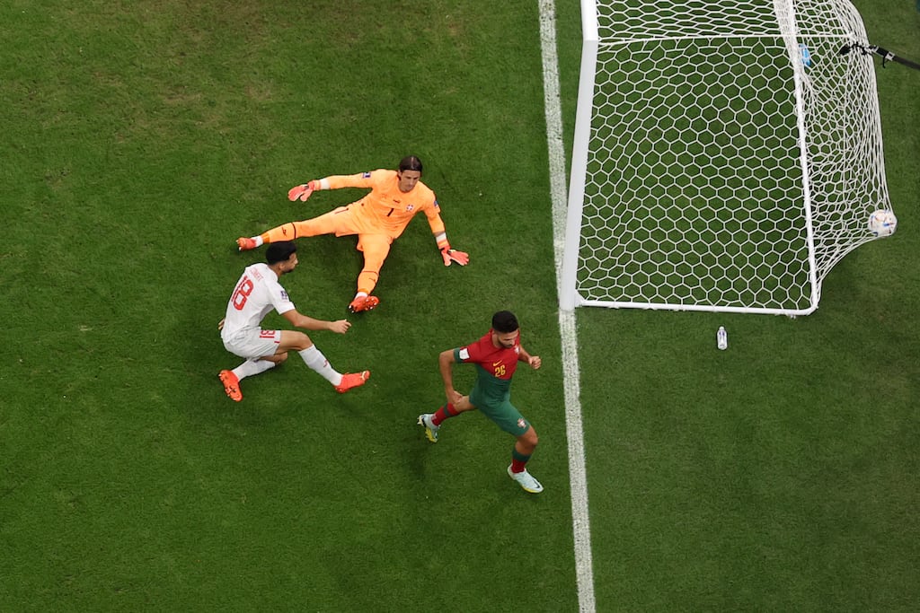 Goncalo Ramos of Portugal celebrates after scoring his side's third goal during the World Cup Round of 16 match against Switzerland at Lusail Stadium. Photograph: Michael Steele/Getty Images