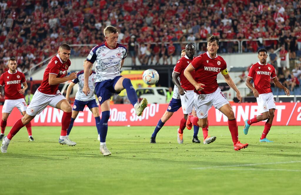 St Patrick's Athletic's Chris Forrester in action against Jurgen Mattheij of CSKA Sofia during the third qualifying round first-leg clash at Stadion Balgarska Armija, Sofia, Bulgaria. Photograph: Kostadin Andonov/Inpho
