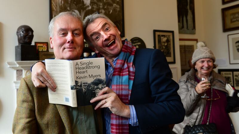 Kevin Myers with Michael O’Leary of Ryanair who launched A Single Headstrong Heart at The Little Museum of Dublin. Photograph: Dara Mac Dónaill