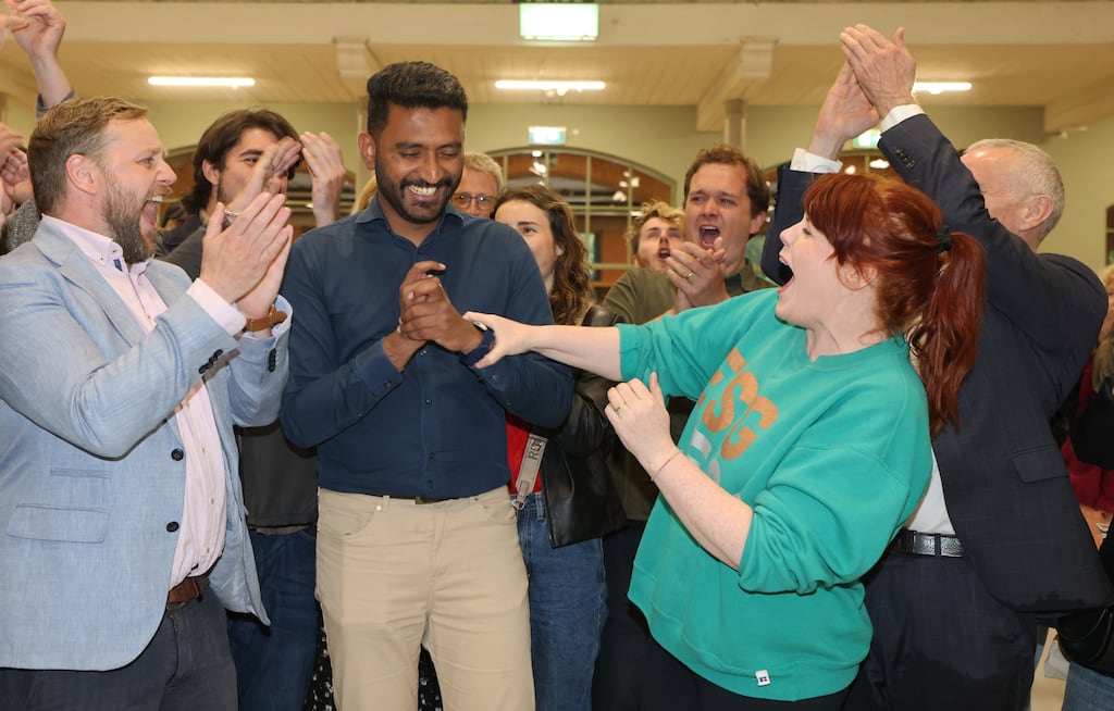 Feljin Jose (centre) of the Green Party won a seat on Dublin City Council for Cabra-Glasnevin. Photograph: Eamonn Farrell/ © RollingNews.ie