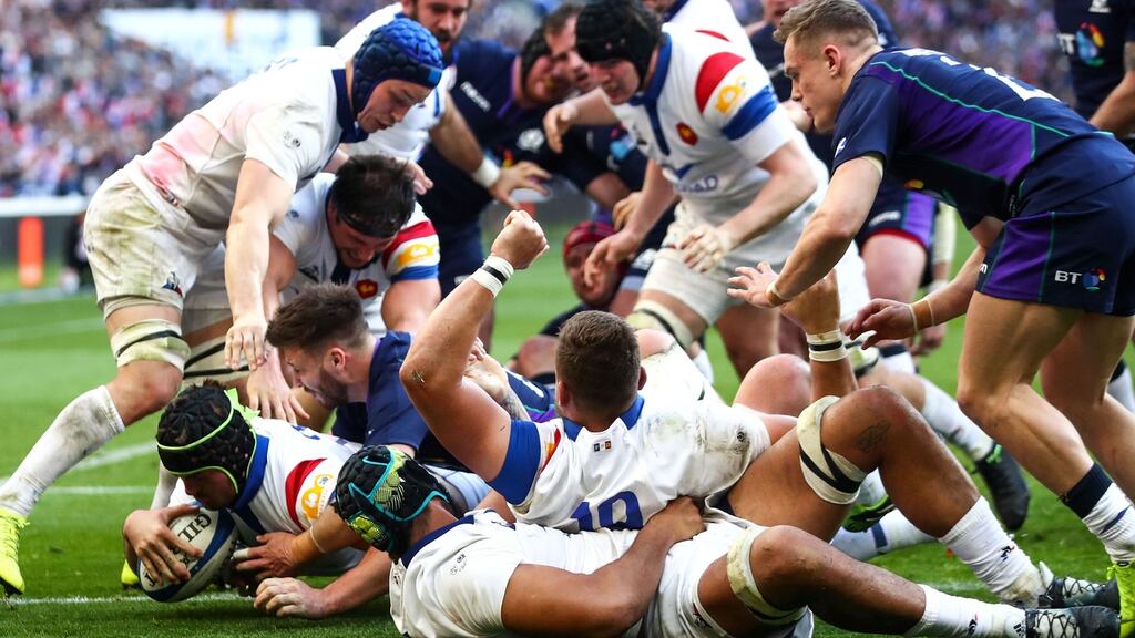 France’s Gregory Alldritt scores their third try. Photograph: James Crombie/Inpho