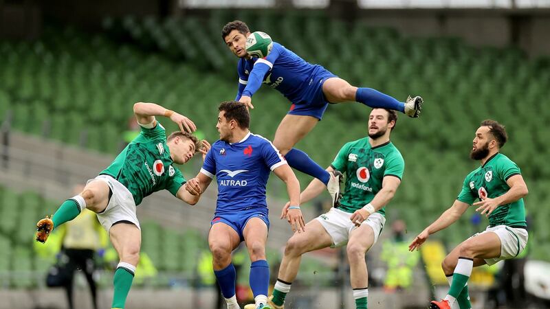 Brice Dulin contests with Garry Ringrose during France’s win over Ireland. Photograph: James Crombie/Inpho