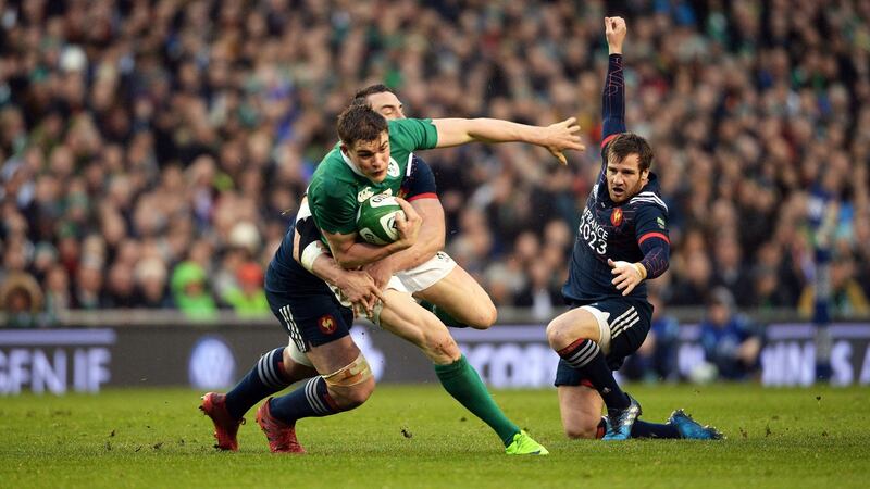 Garry Ringrose looks for a gap in the Ireland v France Six Nations match at the Aviva Stadium on Saturday. Photograph: Eric Luke