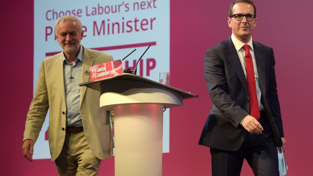 Jeremy Corbyn and Owen Smith walk off the stage after the first Labour Leadership debate in Cardiff. Photograph: Ben Birchall/PA Wire