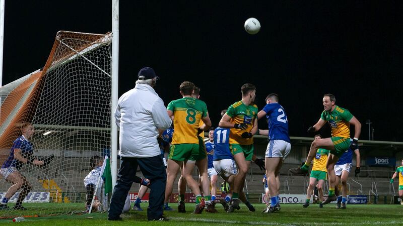Michael Murphy is denied towards the end of Donegal’s defeat to Cavan. Photograph: Morgan Treacy/Inpho
