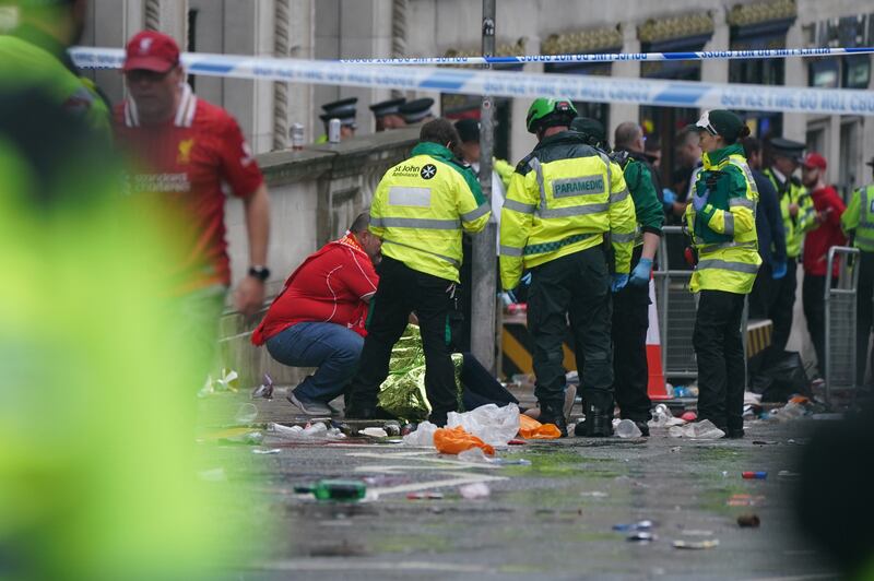 Police and emergency personnel dealing with a road incident on Water Street near the Liver Building. Photograph: Owen Humphreys/PA Wire