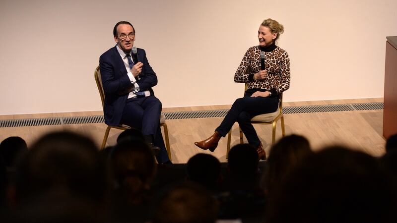 Transition year students listen to double lung transplant patient Joy O’Brien and Prof Arnie Hill, head of the Royal College of Surgeons in Ireland School of Medicine, as part of the RCSI My Health Transition Year programme. Photograph: Dara Mac Dónaill