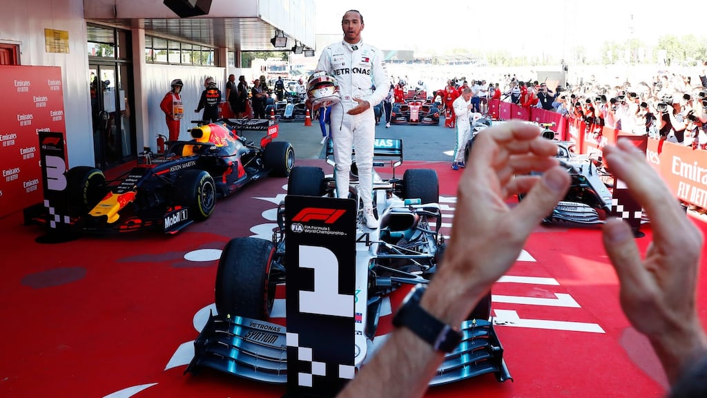 Lewis Hamilton celebrates his victory in the Spanish Grand Prix. Photograph: Juan Medina/Reuters